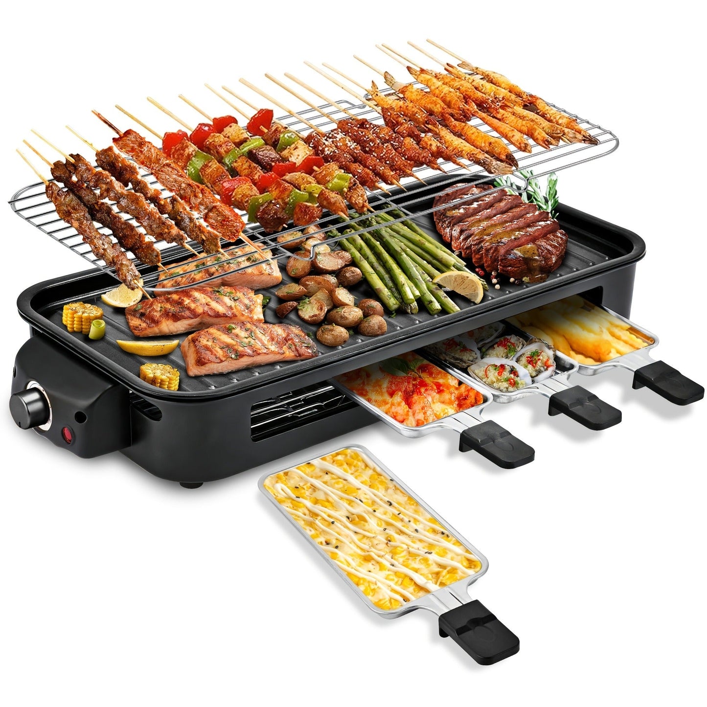 Indoor Smokeless Electric Grill 1500W Non-Stick Raclette Table Grill with Removable Plate & 3 Mini Pans Compact BBQ Griddle