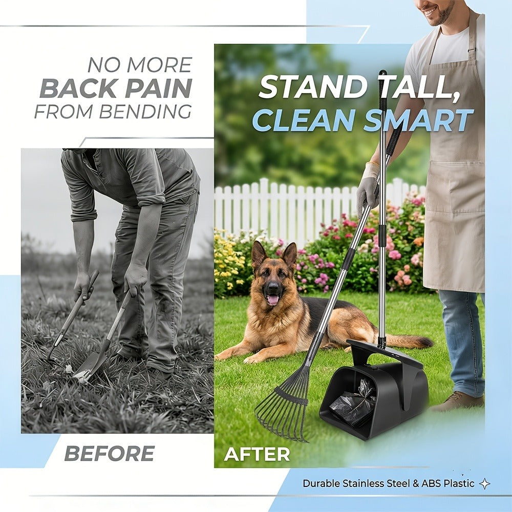 Dog Pooper Scooper with Long Handle & Swivel Bin – Heavy Duty Rake Spade Set, 40 Waste Bags Included, Pet Waste Removal for Yard Grass