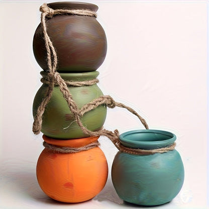 Hanging Planters Set of 4 Bohemian Geometric Porcelain Pots with Hemp Rope