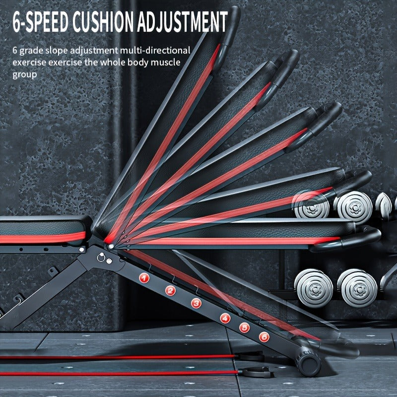 Foldable Adjustable Workout Bench with Black-and-Red Padding, Preacher Curl Pad, Leg Rollers and Resistance Bands