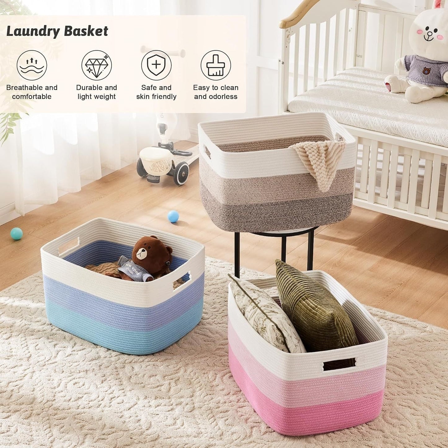 Storage Bag, Open-Top Woven Organizer in 30L, 65L or 100L with Handles and Black, Pink, Gray or Blue Options