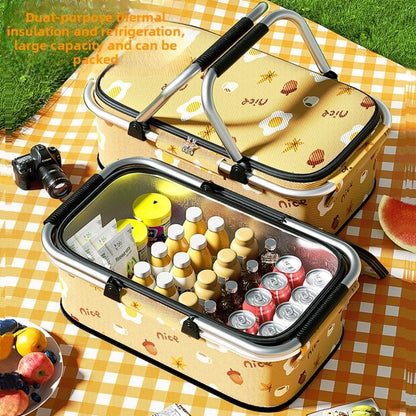 Insulated Picnic Box with Aluminum Frame – Collapsible Thermal Camping Storage Basket for Outdoor Picnic, BBQ