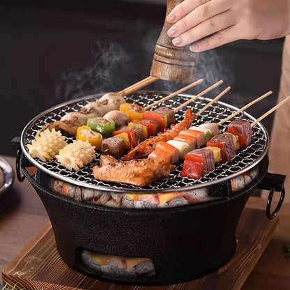 10.6-Inch Round Charcoal Grill Set with Cast-Iron Body, Cooking Grid, Wooden Base and Tongs