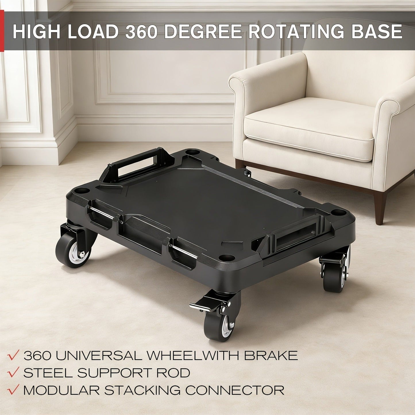 Rolling Tool Box with Wheels 3-Tier Stackable Organizer | Lockable Compartments, Connected Storage, 17" Large Plastic Toolbox for Garage