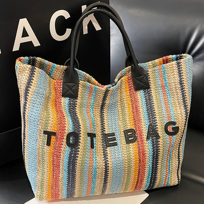 Straw Tote Bag for Women Large Capacity Bohemian Hand-Woven Striped Beach Bag Summer Vacation Shoulder Bag Colorful Letter Pattern