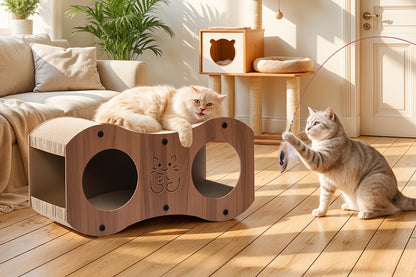 Cat Scratching Post with Integrated Cat Bed – Sturdy Walnut Wood Base, 4-Season Woven Scratch Pad, Indoor Cat Scratcher Lounge