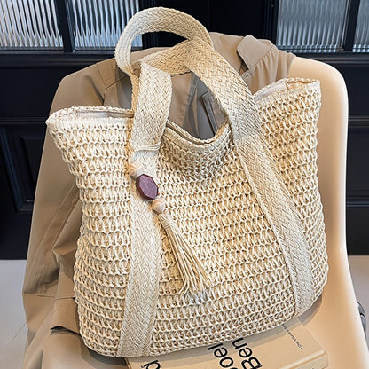 Straw Woven Tote Bag for Women with Tassel, Large Beach Storage and 3 Natural Color Options