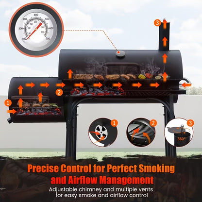 Barrel Charcoal Grill with Offset Smoker, Wheeled Cart, Side Firebox and Two Black Configuration Options