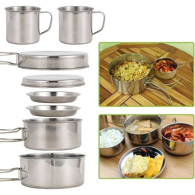 Stainless Steel Camping Cookware Set 8 Piece with Pots Pans Plates Cups and Handles – Lightweight Outdoor Cooking Kit for Camping Hiking
