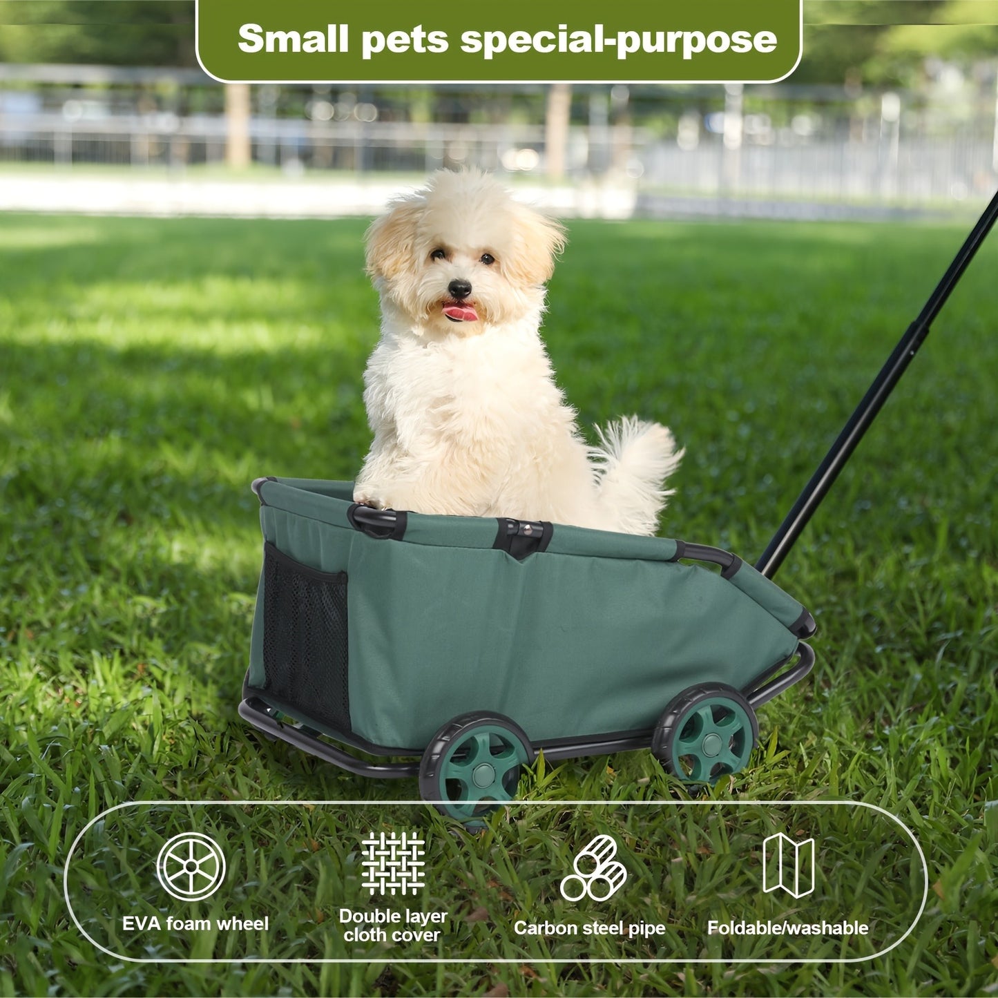 Pet Stroller Foldable 4-Wheel Dog Cat Stroller with Storage Basket – 360° Swivel Front Wheels, Rear Brake