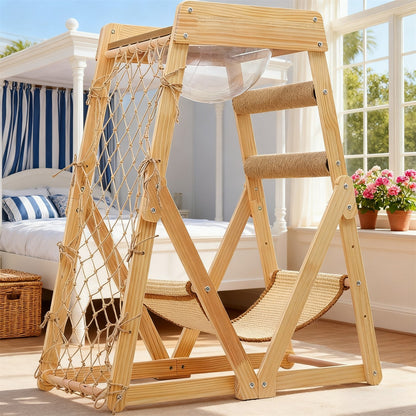 Cat Tree Triangle Cat Tower with Sisal Scratching Posts, Soft Hammock Bed & Hanging Feather Toys – Bamboo Stable Cat Climbing Tower