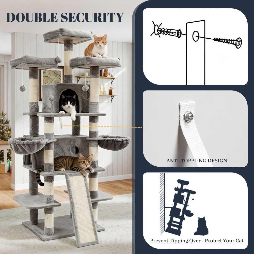 Large Multi-Level Cat Tower with Two Condos, Three Perches, Hammocks and Six Gray, Beige or Taupe Configurations