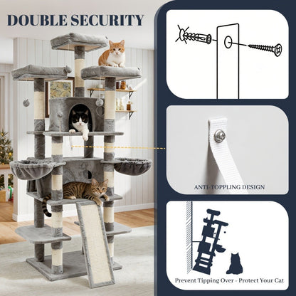 Large Multi-Level Cat Tower with Two Condos, Three Perches, Hammocks and Six Gray, Beige or Taupe Configurations