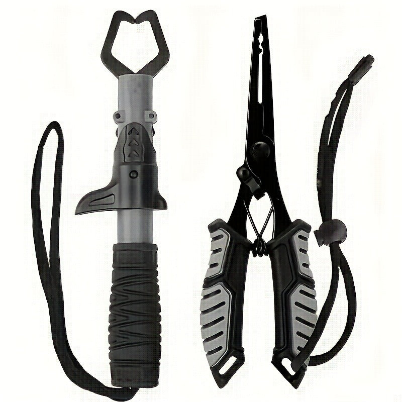 Fishing Pliers Fish Gripper Combo Set 2pcs Stainless Steel Hook Remover Line Cutter with TPR Non-Slip Handle Spring-Loaded Lock
