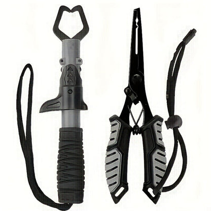 Fishing Pliers Fish Gripper Combo Set 2pcs Stainless Steel Hook Remover Line Cutter with TPR Non-Slip Handle Spring-Loaded Lock