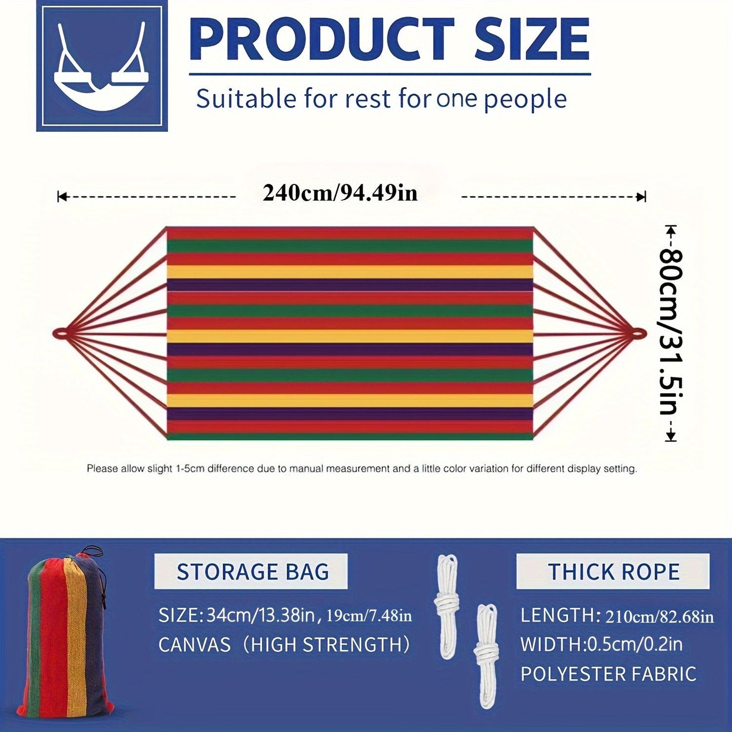 Striped Outdoor Hammock, 94.49 x 31.5 Inches with Two Ropes, Carry Bag and 330 lb Load-Limit Marking