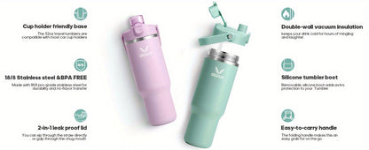 Handled Stainless Steel Tumbler with Flip Straw and Chug Lid, Silicone Boot, Pink or Black-Red Finish