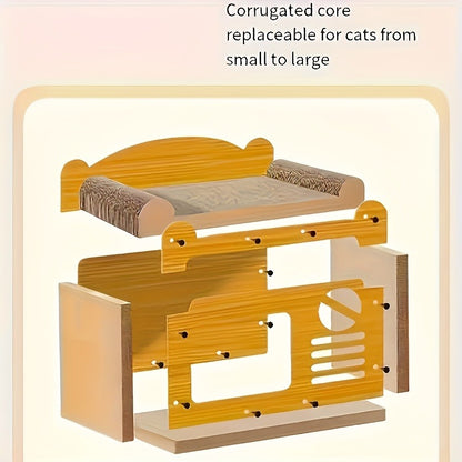 Large Cat House with Scratcher Pad & Plush Ball Toys, Ventilated Multi-Functional Indoor Outdoor Cat Shelter
