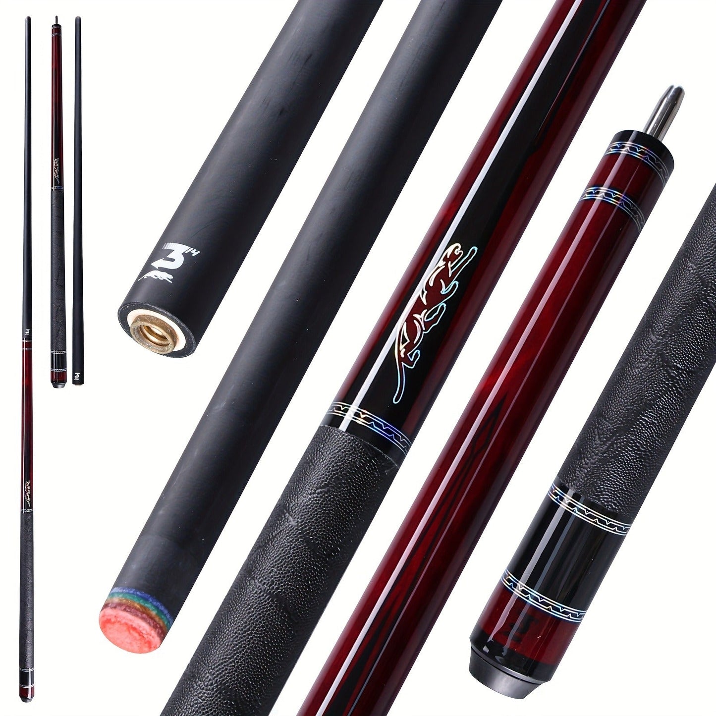 58-Inch Carbon Fiber Pool Cue with 12.5mm Tip, 3/8x8 Joint, Black Wrap and Four SP Graphic Designs