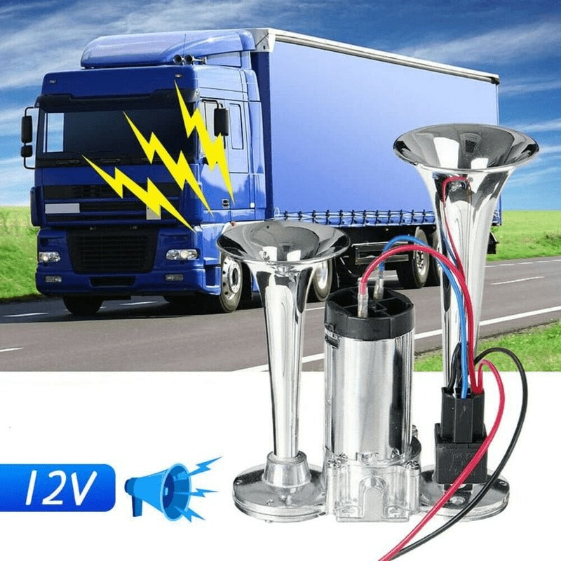 Dual Air Horn Kit 12V/24V 105-137dB with Air Compressor – Super Loud Aluminum Alloy Trumpet Horn for Truck, Train, SUV, Motorcycle