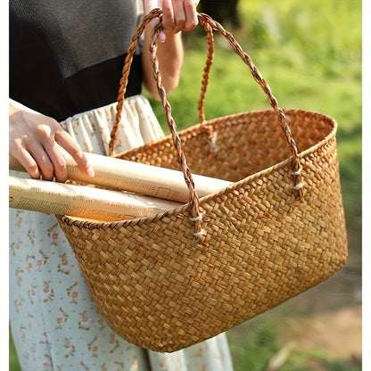 Large Woven Straw Picnic Tote Basket with Long Handles, Open Top Natural-Color Outdoor Carry Design