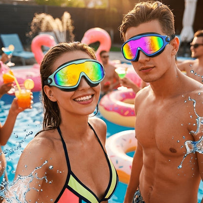 Two-Pack Wide-Lens Swim Goggles with Mirrored Blue-Green Lenses, Adjustable Straps, Case and Accessories