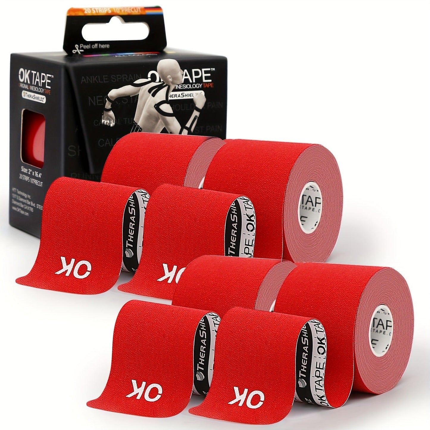Kinesiology Tape 4 Rolls Precut 20 Strips, Cotton Elastic Athletic Tape Latex Free 2in x 16ft for Knee Shoulder Muscle Support Sports