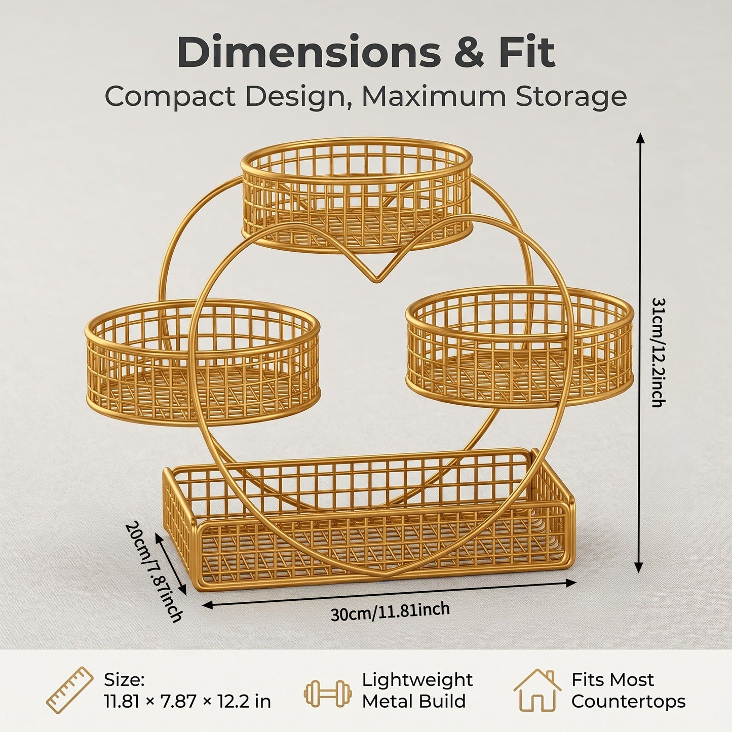 Three-Tier Gold-Tone Wire Fruit Basket with Three Round Bowls and Rectangular Countertop Base