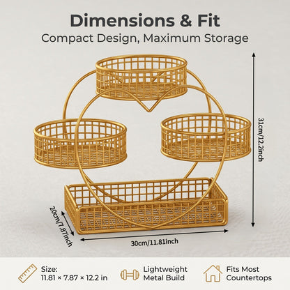Three-Tier Gold-Tone Wire Fruit Basket with Three Round Bowls and Rectangular Countertop Base