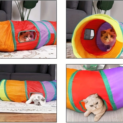 Collapsible Cat Tunnel Toy – Foldable S-Shaped & 3-Way Tube with Ball & Peek Holes, Rainbow Colors, Connectable Cat Play Tunnel for Indoor