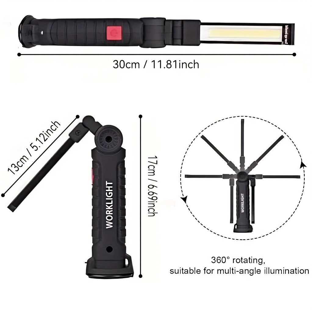 Foldable Black and Khaki Work Light Multipacks with Pivoting COB Bar and Pictured Charging Cables