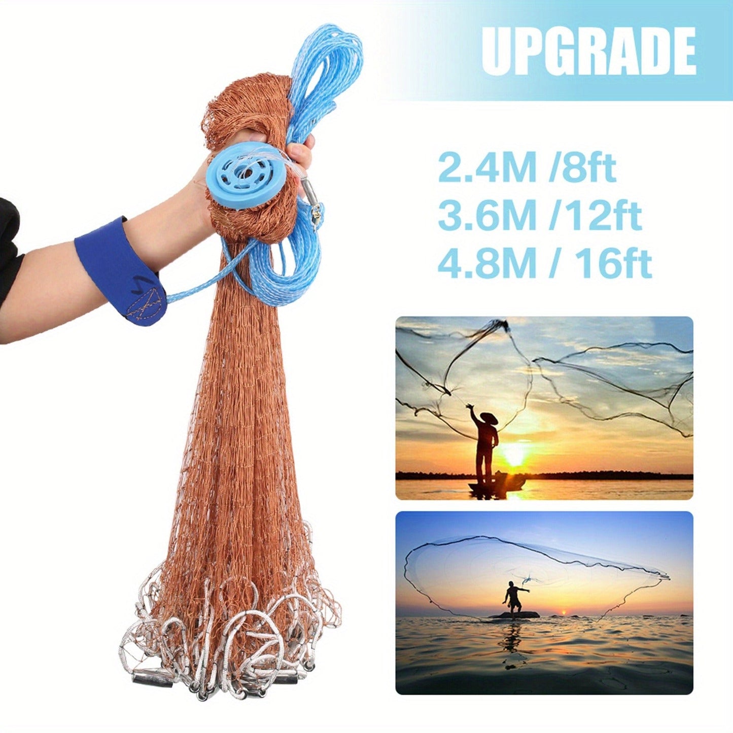 Saltwater Casting Net Set with Fish Basket – 12-Foot Diameter, 0.12" Mesh, Heavy-Duty Zinc-Plated Lead Sinkers for Rapid Sinking