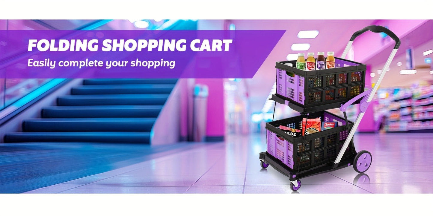 Collapsible Utility Cart Foldable Shopping Trolley 4-Wheel 360° Swivel Locking Brake Portable Dolly for Grocery Mall Camping Pink Purple