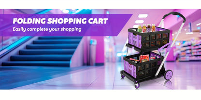 Collapsible Utility Cart Foldable Shopping Trolley 4-Wheel 360° Swivel Locking Brake Portable Dolly for Grocery Mall Camping Pink Purple