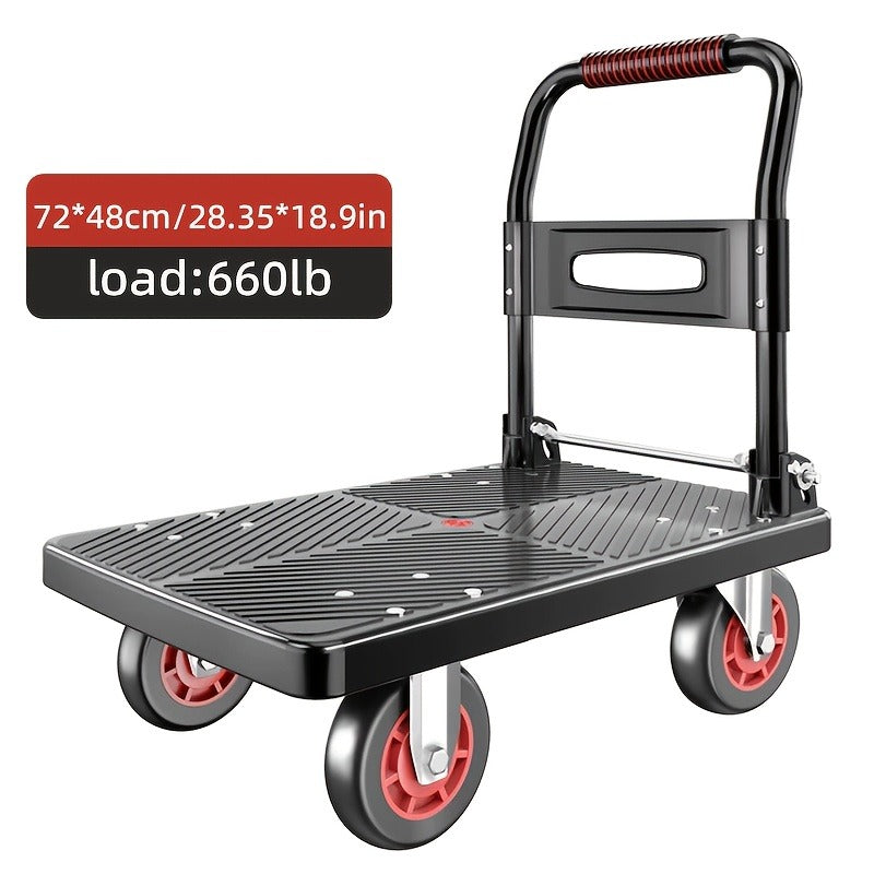 Four-Wheel Platform Dolly Cart with Folding Handle, Two Platform Sizes and 660 or 800 lb Load Labels