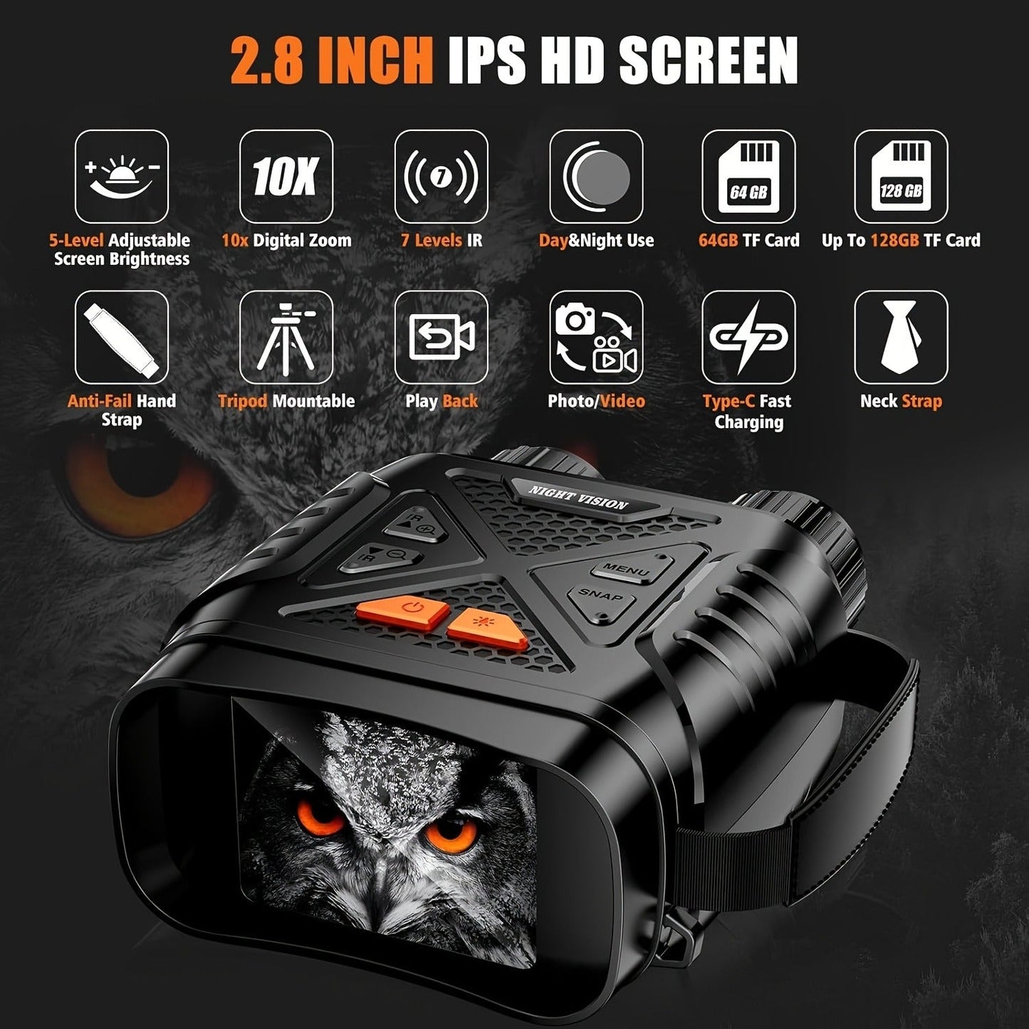 Black Digital Night Vision Binoculars without Memory Card, 2.8-Inch Screen, 10X Digital Zoom and Seven IR Levels