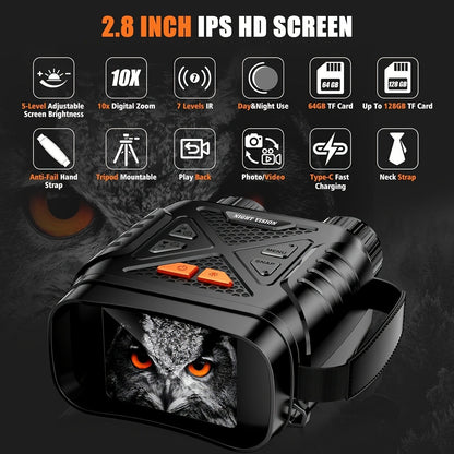 Black Digital Night Vision Binoculars without Memory Card, 2.8-Inch Screen, 10X Digital Zoom and Seven IR Levels