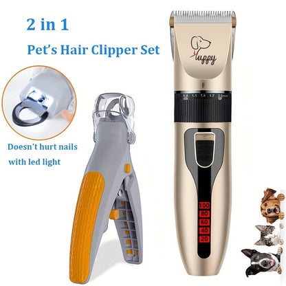 Pet Hair Trimmer Kit 2-in-1 with LED Nail Clipper – 12-in-1 Cordless Quiet Electric Clippers for Dogs & Cats, USB Rechargeable