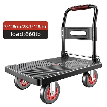Four-Wheel Platform Dolly Cart with Folding Handle, Two Platform Sizes and 660 or 800 lb Load Labels