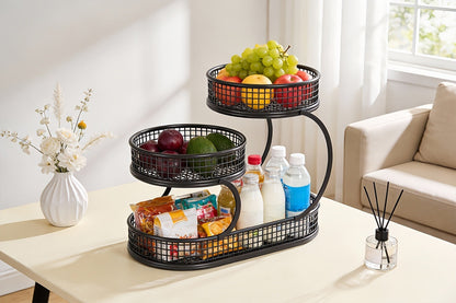Three-Level Black Wire Fruit Basket with Two Round Bowls and 15.75-Inch Rectangular Base Tray