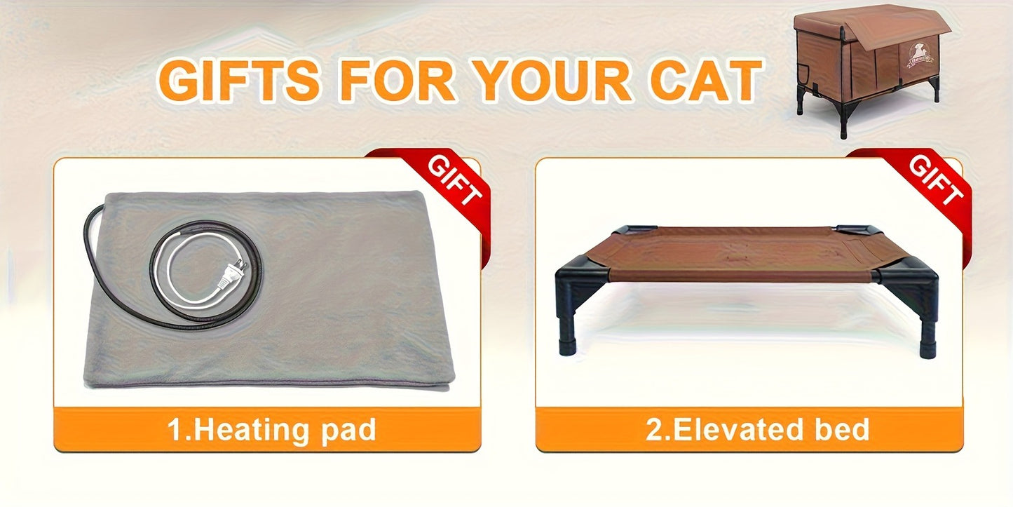 Heated Cat House 3-in-1 with Removable Warming Pad, Elevated Cat Bed for Indoor & Outdoor Cats, Chew-Resistant Cord, Double Door Cat Cave