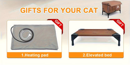 Heated Cat House 3-in-1 with Removable Warming Pad, Elevated Cat Bed for Indoor & Outdoor Cats, Chew-Resistant Cord, Double Door Cat Cave