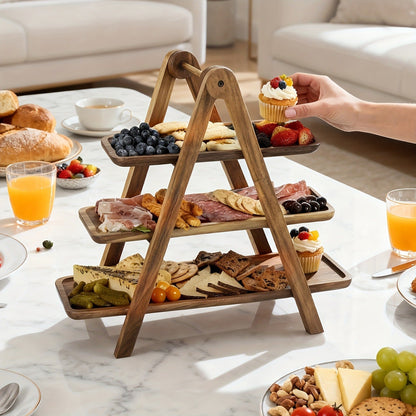 Cake Stand 3 Tier Wooden Serving Tray Farmhouse Dessert Display Cupcake Tower Bread Basket Collapsible Tiered Platter for Wedding Party
