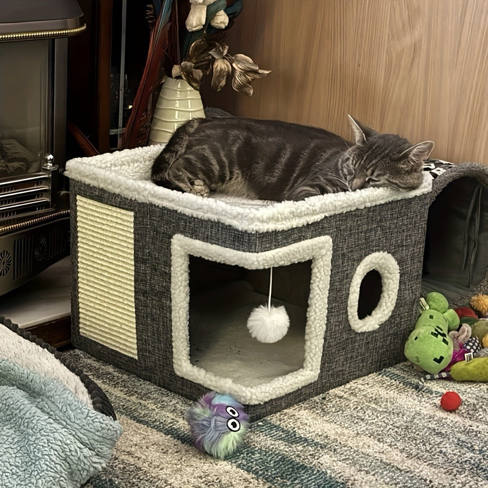 Multi-Tier Cat House & Indoor Cat Cube Bed – Foldable 2-Level Cat Tree with Scratching Post, Toy Tunnel & Plush Hanging Ball