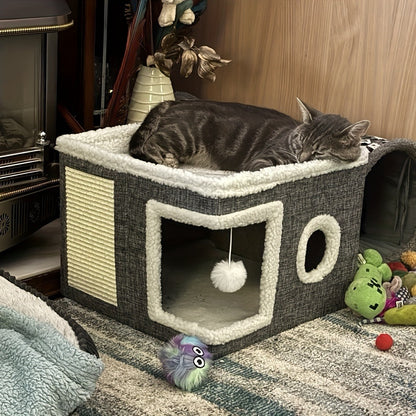 Multi-Tier Cat House & Indoor Cat Cube Bed – Foldable 2-Level Cat Tree with Scratching Post, Toy Tunnel & Plush Hanging Ball