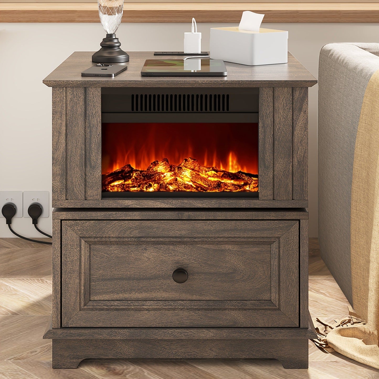 Electric Fireplace End Table Rotating 13-Inch Screen Side Table with Fast Charging Station Storage Shelf for Living Room Bedroom