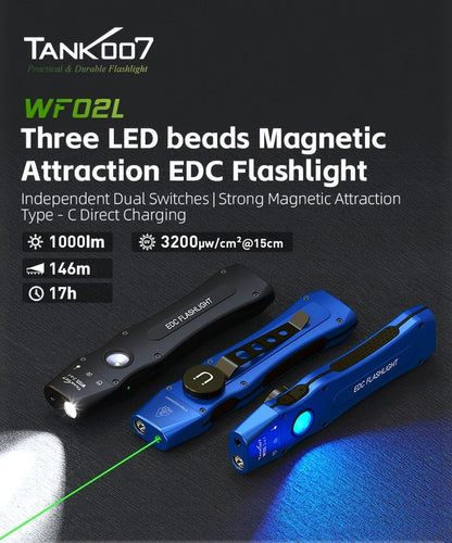 Flashlight 3-in-1 White, UV365 and Green Light Torch with Side Magnet in Black or Blue for Inspection