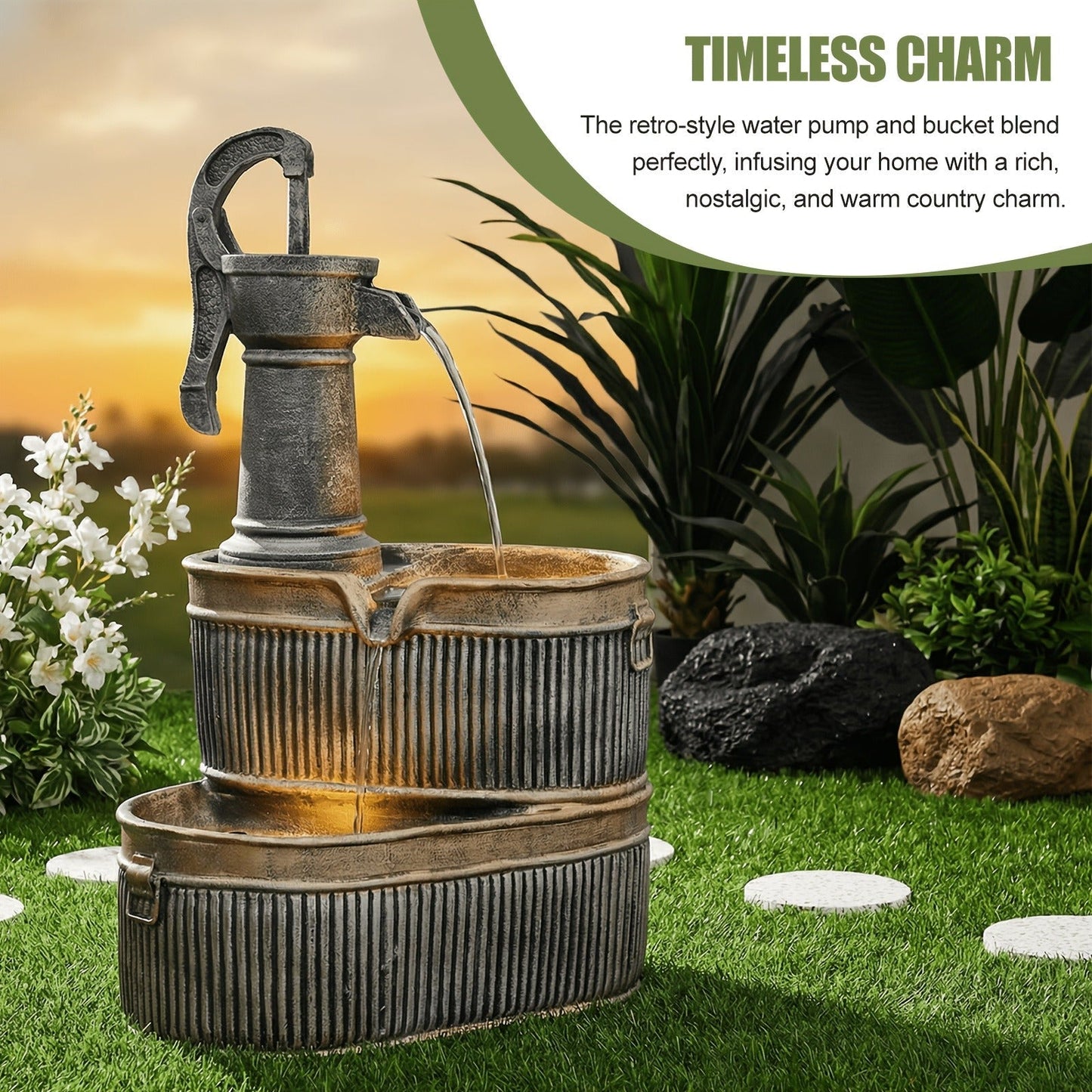 Outdoor Water Fountain 2-Tier Barrel with LED Light & Pump - Rustic Resin Garden Fountain for Patio