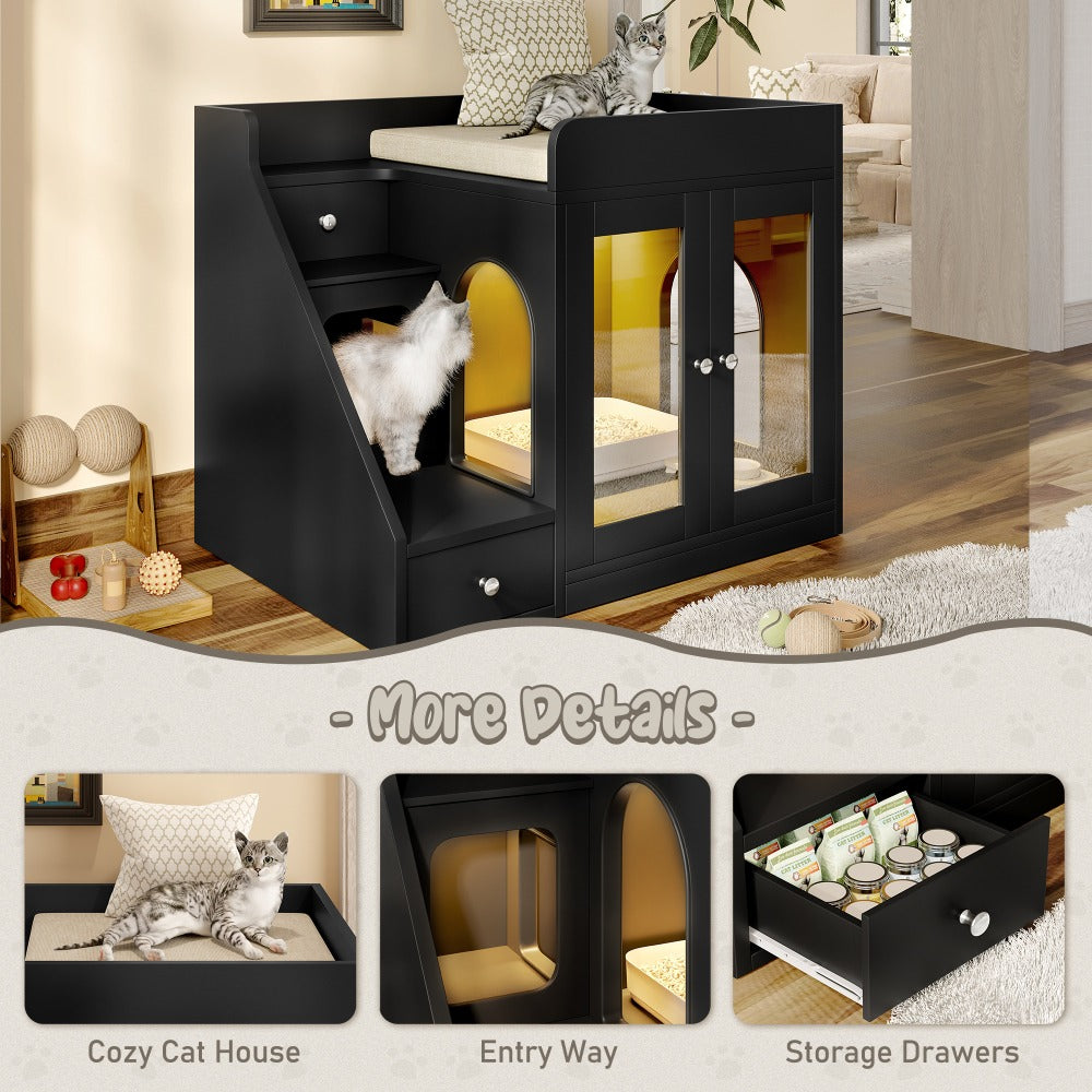 Cat Litter Box Enclosure Furniture Hidden Cabinet with LED Light & 2 Drawers – MDF Indoor Cat House Side Table with Acrylic Door