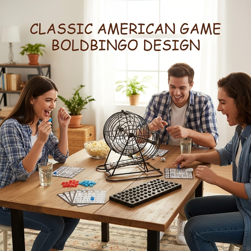 Deluxe Bingo Game Set with Stainless Steel Metal Cage | Includes Bingo Balls Cards & Colorful Chips | Classic Family Board Game for Game